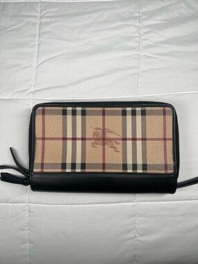 Burberry Beige Plaid Zip-Around Wallet with Black Trim